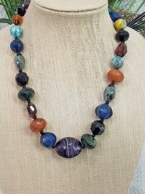 Vintage Signed You & I Multicolor Green, Blue, Amber Glass Bead Choker Necklace